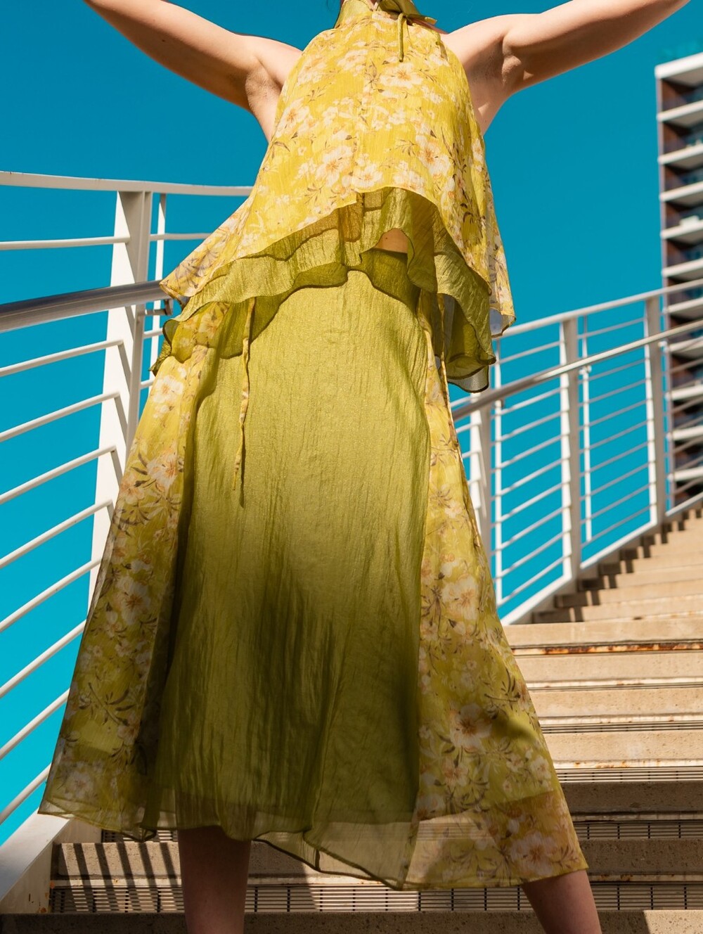 Yellow-Green Floral Tiered Sleeveless Summer Set